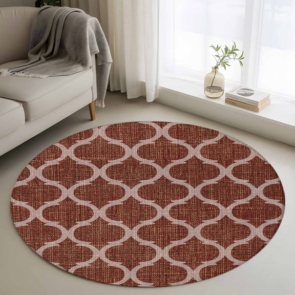 Brown Moroccan Round Rug 3.3ft Washable Circle Entryway Rugs Non Slip Morocco Abstract Quatrefoil Geometric Area Rug Indoor Floor Carpet for Bedroom Kitchen Living Room Home Office Dining Room