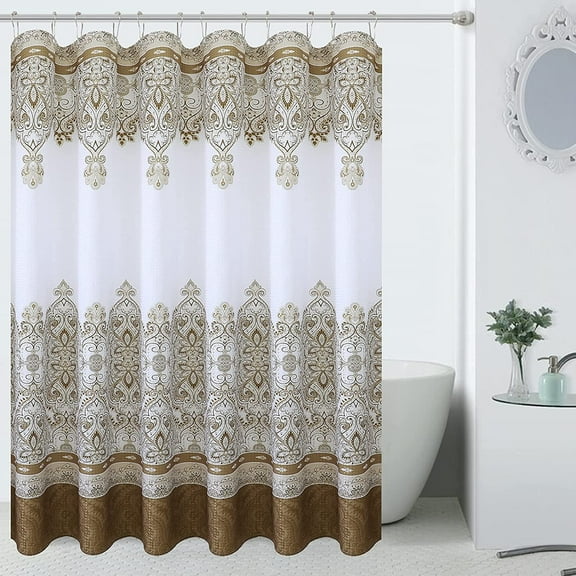 Brown Moroccan Shower Curtain Boho Farmhouse Shower Curtain Set with Hooks Elegant Brown and White Paisley Shower Curtain for Bathroom Decoration Antique Floarl Pattern Water Repellent 72x72 Inch