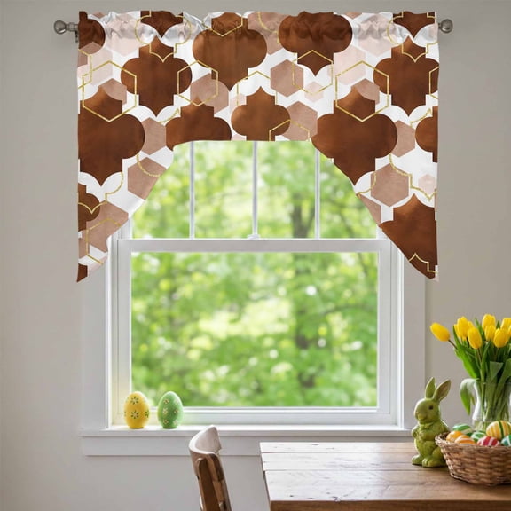 Brown Moroccan Swag Valances for Kitchen Window, Abstract Gradient Gold Brown Geometric Small Swag Valances Rod Pocket Curtain Drapes Window Treatment for Bedroom Bathroom, 56x36 Inch