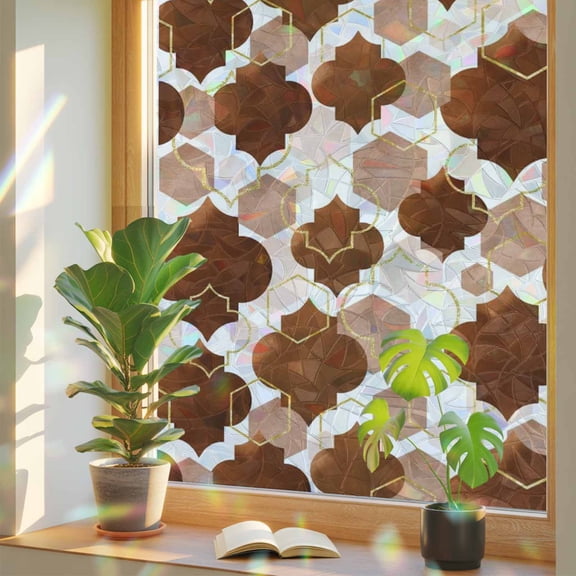 Brown Moroccan Window Privacy Film, Abstract Gradient Gold Brown Geometric Stained Glass Rainbow Film Decorative Window Clings, Static Cling Sun Blocking Stickers 17.7" x 39.3"