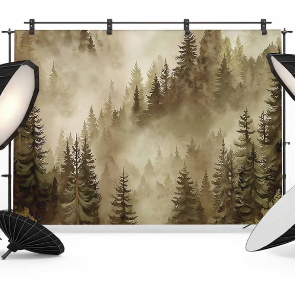 Brown Mountain Backdrop for Photography,Fabric Photo Background Backdrop,Misty Forest Nature Woodland Pine Tree Landscape Photo Booth Background for Portrait Photoshoot Wedding Studio Banner 10x8ft