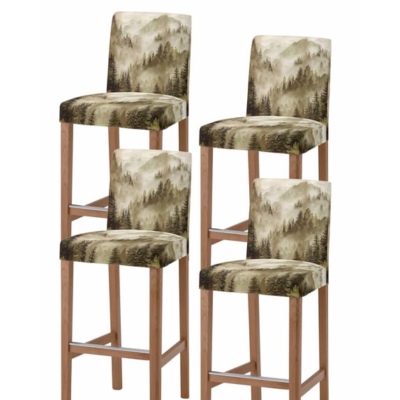 Brown Mountain Bar Stool Covers Set of 4, Misty Forest Nature Woodland Pine Tree Landscape Stretch Bar Chair Covers with Backs, Removable Pub Counter Height Chair Cover for Kitchen Dining Room Cafe