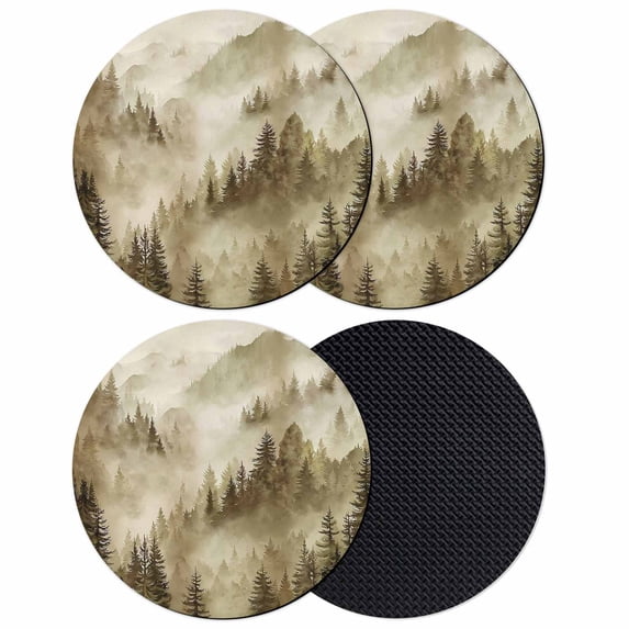 Brown Mountain Coasters Set of 4, Absorbent Coasters for Drinks, Misty Forest Nature Woodland Pine Tree Landscape Coaster for Desk Coffee Table Protection, Home Decor House Warming Gifts 4"