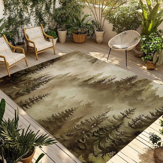 Brown Mountain Outdoor Rug 5x7 Ft - Reversible Patio Rug Outdoor Camping Rugs, Misty Forest Nature Woodland Pine Tree Landscape Indoor Outdoor Area Rugs, Non-Slip Outdoor Carpet Runner for Deck/Porch