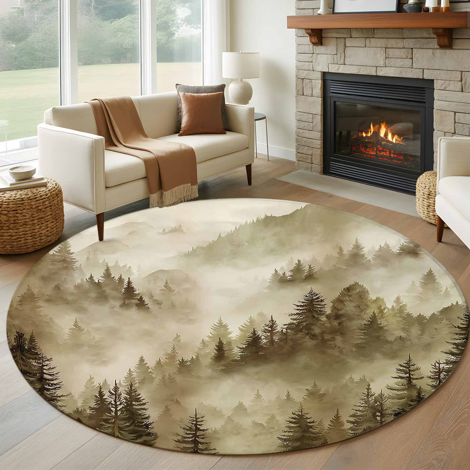 Brown Mountain Round Area Rug 8Ft Washable Large Circle Rugs for Living ...