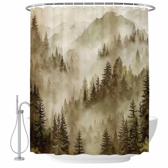 Brown Mountain Shower Curtain, Waterproof Shower Curtains for Bathroom, Misty Forest Nature Woodland Pine Tree Landscape Washable Bathtub Curtain Set Bath Decor with 12 Hooks Extra Long 72"x96"