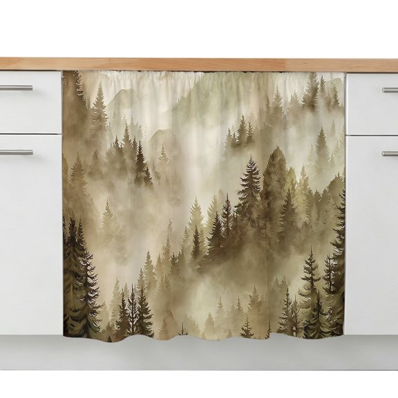Brown Mountain Sink Skirt 10"W x 11"L,Dustproof Under Sink Curtain Skirt for Bathroom Kitchen,Misty Forest Nature Woodland Pine Tree Landscape Adhesive Short Vanity Curtains Cover for Laundry Closet