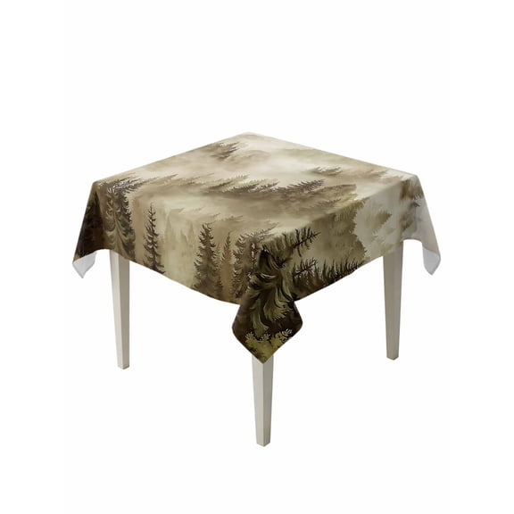 Brown Mountain Table Cloth, Waterproof Tablecloth for Square Tables, Misty Forest Nature Woodland Pine Tree Landscape Reusable Washable Fabric Table Cover for Restaurant Kitchen Dining Tables 54"x54"
