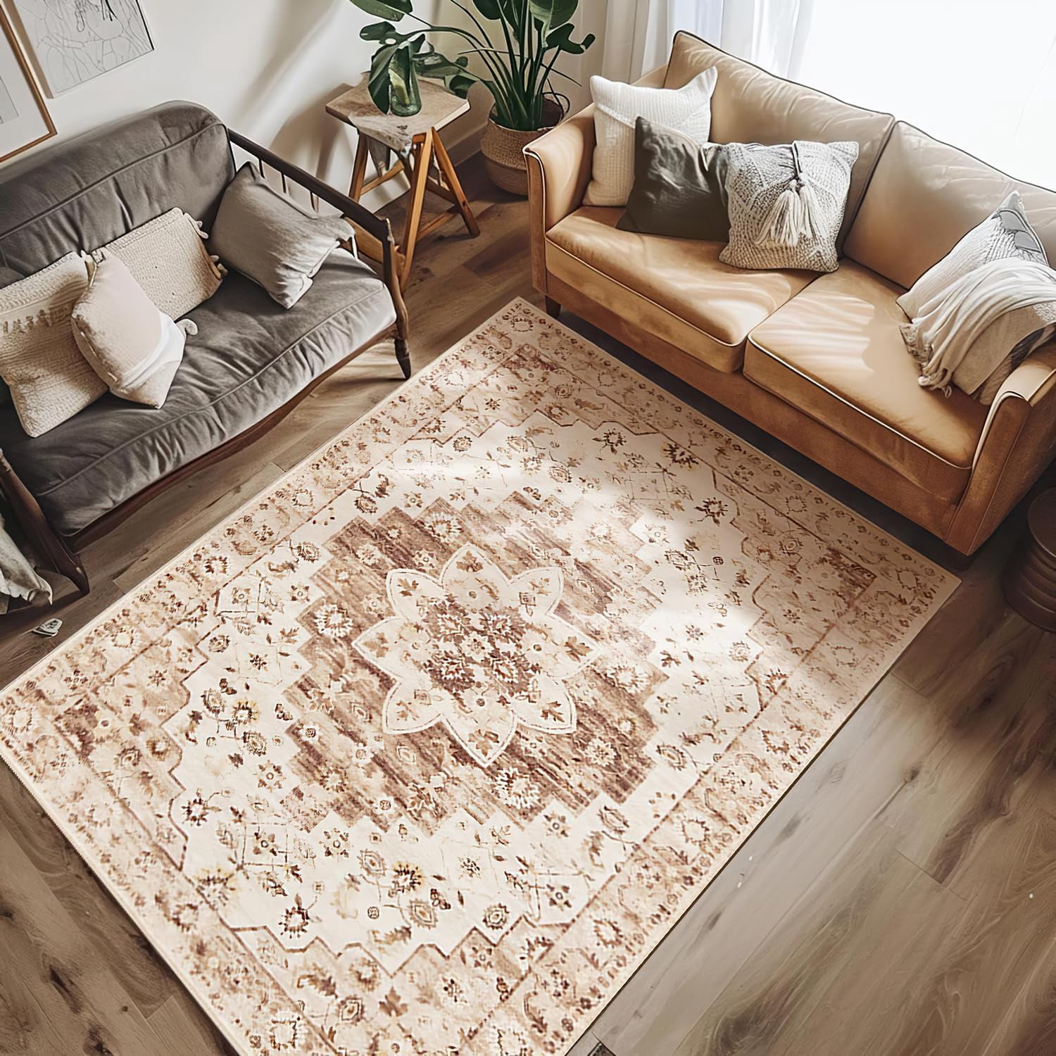 Brown Multi Area Rug 4x6 Washable Vintage Bedroom Rug Soft Indoor ...
