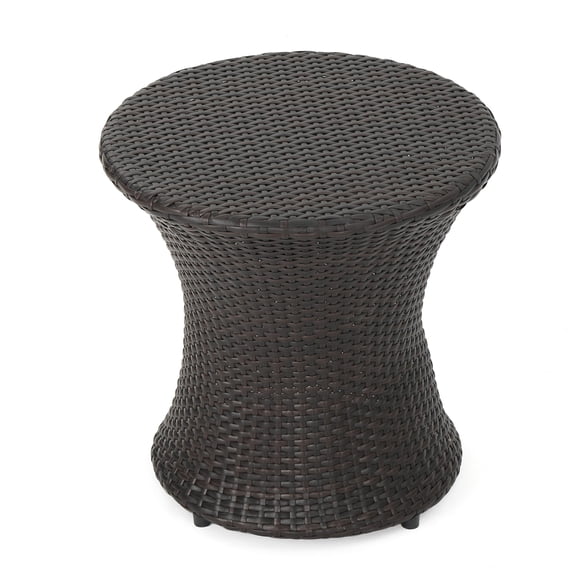 Brown Multi PE Rattan End Table for Living Room, 19 Hourglass Side Table No Assembly Required, Space Saving Nightstand with Storage, Durable Outdoor Accent Table for Garden Balcony
