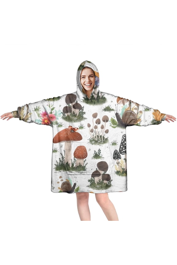 Brown Mushroom Bug White Pattern Wearable Oversized Blanket,Wearable Blanket Hoodie for Adults,Cozy Hooded Blankets with Super Pockets,Super Warm Fuzzy Pullover for Women & Men