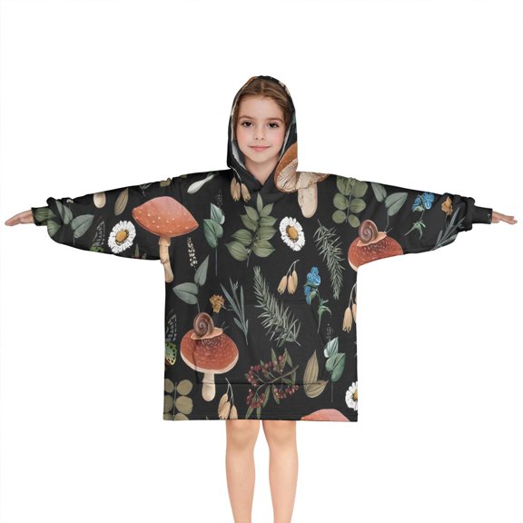 Brown Mushroom Daisy Black Pattern Blanket Hoodies for Kids 6-13YR Oversize Wearable Blanket Hoodies for Boys Girls Teens