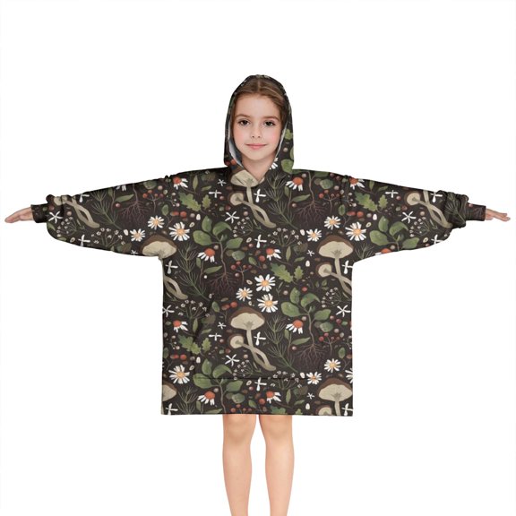 Brown Mushroom Daisy Dark Pattern Blanket Hoodies for Kids 6-13YR Oversize Wearable Blanket Hoodies for Boys Girls Teens