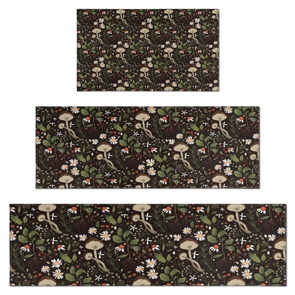 Brown Mushroom Daisy Dark Pattern Kitchen Rugs Sets Of 3,Kitchen Runner Rugs Non Skid Washable,Decorative Kitchen Floor Mats for Kitchen,Sink,Laundry,17"x30"+ 17"x47" + 17"x59"
