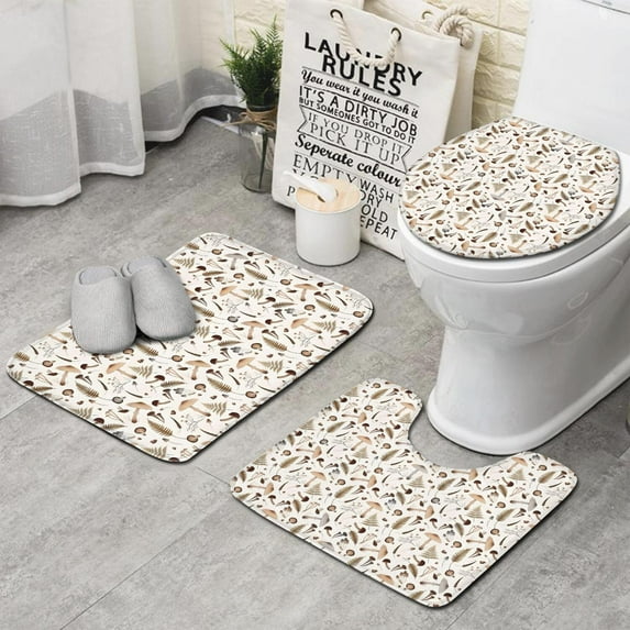 Brown Mushroom Fern Light Pattern Bathroom Rugs Sets 3 Piece,Toilet Cover Set,Absorbent Non Slip Bathroom Mats Sets with U-Shaped Contour Rug Toilet Rug Set