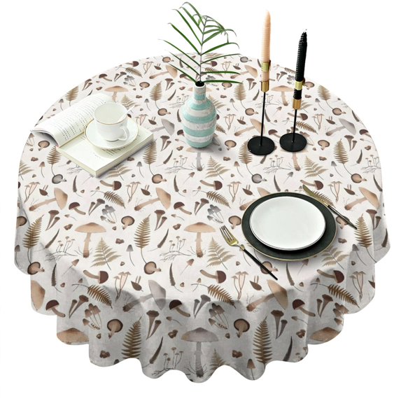 Brown Mushroom Fern Light Pattern Round Tablecloth 60"x60",Wrinkle Wipeable Table Cloth for Kitchen Dining Room Picnic Patio Party