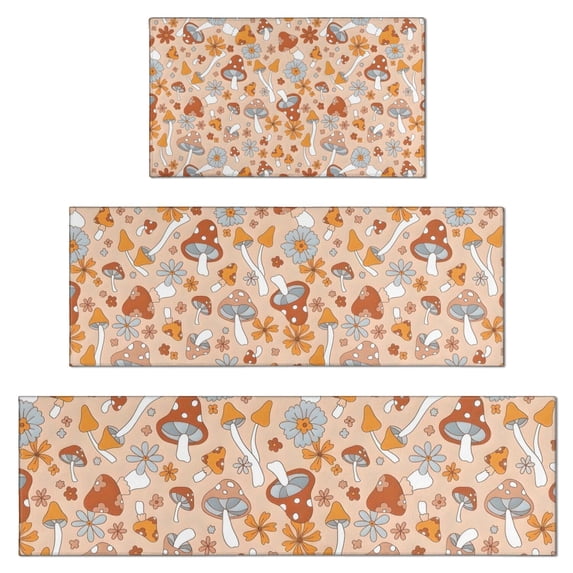 Brown Mushroom Flower Beige Pattern Kitchen Rugs Sets Of 3,Kitchen Runner Rugs Non Skid Washable,Decorative Kitchen Floor Mats for Kitchen,Sink,Laundry,17"x30"+ 17"x47" + 17"x59"
