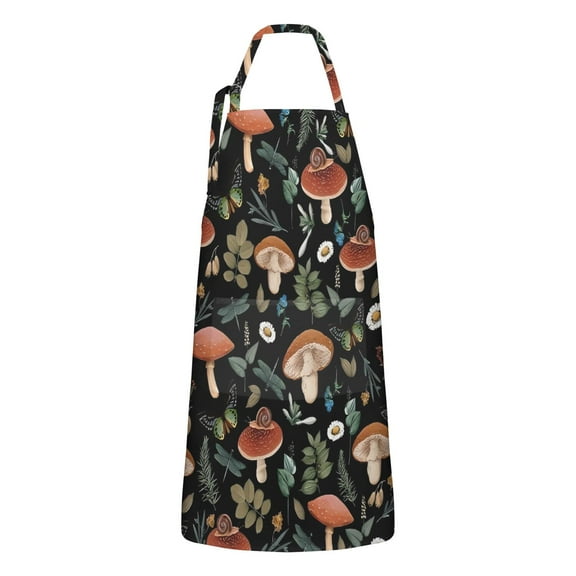 Brown Mushroom Flower Black Pattern Apron-Garden Aprons for Women with Pockets-Cotton Linen Waterproof Kitchen Cooking Gardening Aprons Adjustable for Kitchen,Cooking,BBQ and Salon 33x27 Inch