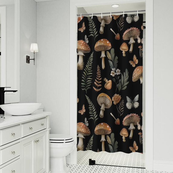Brown Mushroom Flower Black Pattern Shower Curtain 36"x72" ,Bathroom Decorative Shower Curtains Set with 12 Hooks,Modern Waterproof Washable Shower Curtain