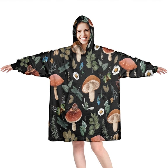 Brown Mushroom Flower Black Pattern Wearable Oversized Blanket,Wearable Blanket Hoodie for Adults,Cozy Hooded Blankets with Super Pockets,Super Warm Fuzzy Pullover for Women & Men