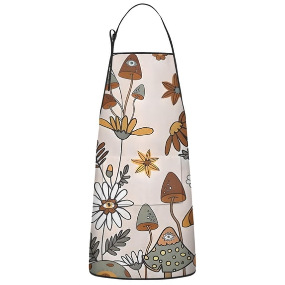Brown Mushroom Flower Light Pattern Apron-Garden Aprons for Women with Pockets-Cotton Linen Waterproof Kitchen Cooking Gardening Aprons Adjustable for Kitchen,Cooking,BBQ and Salon 33x27 Inch