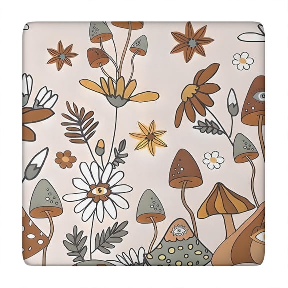 Brown Mushroom Flower Light Pattern Square Fitted Tablecloth with Elastic Edge,Square Table Cover,Washable Elastic Table Cover for Home Kitchen Party Decor 34"x34"