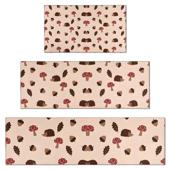 Brown Mushroom Hedgehog Leaf Beige Pattern Kitchen Rugs Sets Of 3,Kitchen Runner Rugs Non Skid Washable,Decorative Kitchen Floor Mats for Kitchen,Sink,Laundry,17"x30"+ 17"x47" + 17"x59"