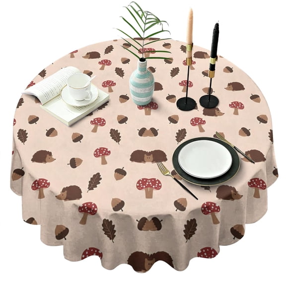 Brown Mushroom Hedgehog Leaf Beige Pattern Round Tablecloth 60"x60",Wrinkle Wipeable Table Cloth for Kitchen Dining Room Picnic Patio Party