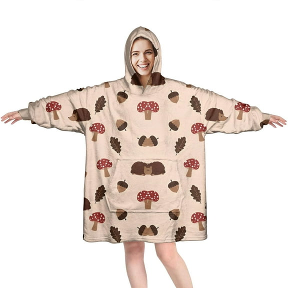 Brown Mushroom Hedgehog Leaf Beige Pattern Wearable Oversized Blanket,Wearable Blanket Hoodie for Adults,Cozy Hooded Blankets with Super Pockets,Super Warm Fuzzy Pullover for Women & Men