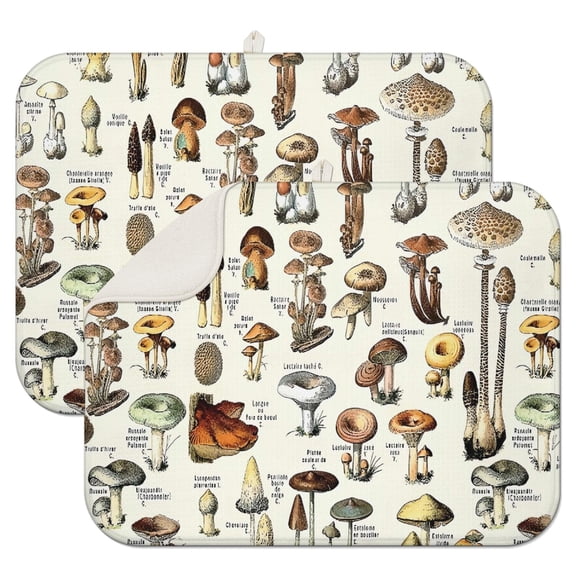 Brown Mushroom Label Light Pattern Dish Drying Mat for Kitchen 1 Pack, Ultra Absorbent Microfiber Dishes Drainer Mats,18"x24"