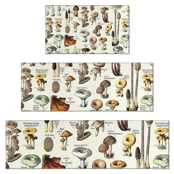 Brown Mushroom Label Light Pattern Kitchen Rugs Sets Of 3,Kitchen Runner Rugs Non Skid Washable,Decorative Kitchen Floor Mats for Kitchen,Sink,Laundry,17"x30"+ 17"x47" + 17"x59"