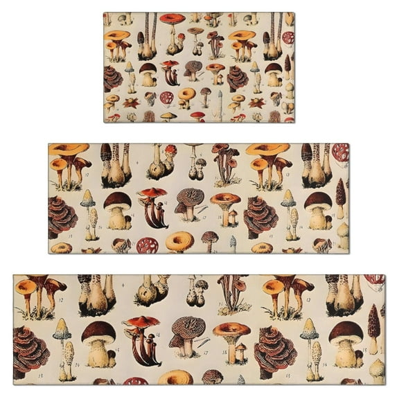 Brown Mushroom Label Light Pattern Kitchen Rugs Sets Of 3,Kitchen Runner Rugs Non Skid Washable,Decorative Kitchen Floor Mats for Kitchen,Sink,Laundry,17"x30"+ 17"x47" + 17"x59"