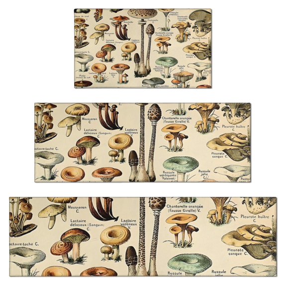 Brown Mushroom Label Light Pattern Kitchen Rugs Sets Of 3,Kitchen Runner Rugs Non Skid Washable,Decorative Kitchen Floor Mats for Kitchen,Sink,Laundry,17"x30"+ 17"x47" + 17"x59"