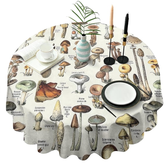 Brown Mushroom Label Light Pattern Round Tablecloth 60"x60",Wrinkle Wipeable Table Cloth for Kitchen Dining Room Picnic Patio Party