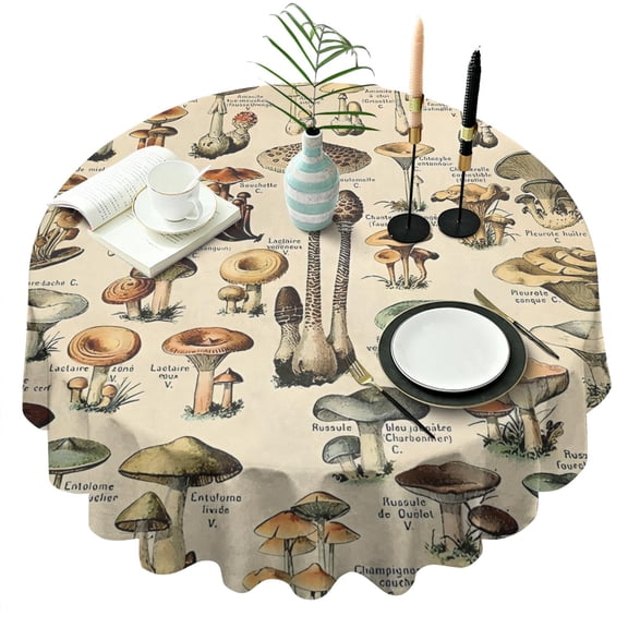 Brown Mushroom Label Light Pattern Round Tablecloth 60"x60",Wrinkle Wipeable Table Cloth for Kitchen Dining Room Picnic Patio Party