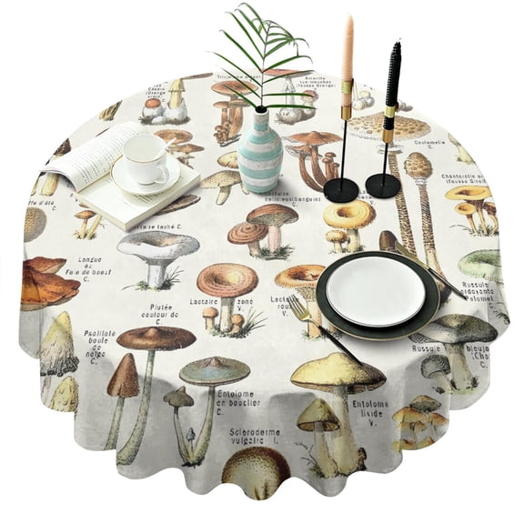 Brown Mushroom Label Light Pattern Round Tablecloth 60"x60",Wrinkle Wipeable Table Cloth for Kitchen Dining Room Picnic Patio Party