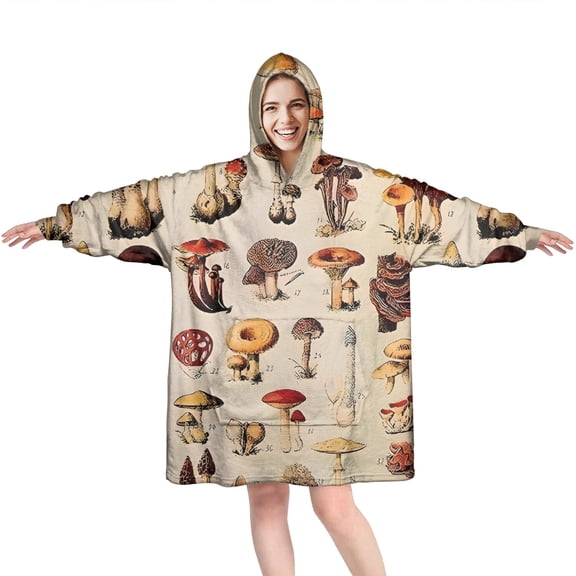 Brown Mushroom Label Light Pattern Wearable Oversized Blanket,Wearable Blanket Hoodie for Adults,Cozy Hooded Blankets with Super Pockets,Super Warm Fuzzy Pullover for Women & Men