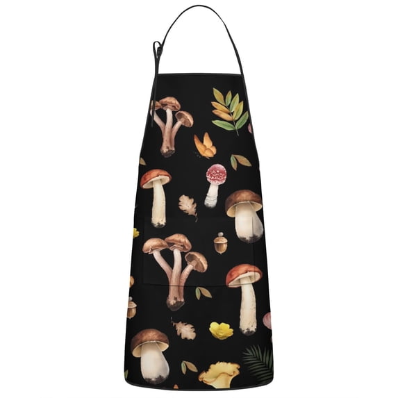 Brown Mushroom Leaf Black Pattern Apron-Garden Aprons for Women with Pockets-Cotton Linen Waterproof Kitchen Cooking Gardening Aprons Adjustable for Kitchen,Cooking,BBQ and Salon 33x27 Inch