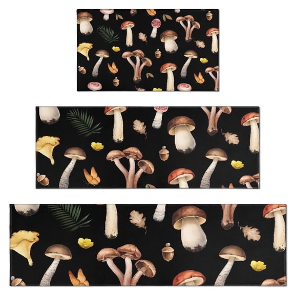 Brown Mushroom Leaf Black Pattern Kitchen Rugs Sets Of 3,Kitchen Runner Rugs Non Skid Washable,Decorative Kitchen Floor Mats for Kitchen,Sink,Laundry,17"x30"+ 17"x47" + 17"x59"