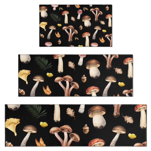 Brown Mushroom Leaf Black Pattern Kitchen Rugs Sets Of 3,Kitchen Runner Rugs Non Skid Washable,Decorative Kitchen Floor Mats for Kitchen,Sink,Laundry,17"x30"+ 17"x47" + 17"x59"
