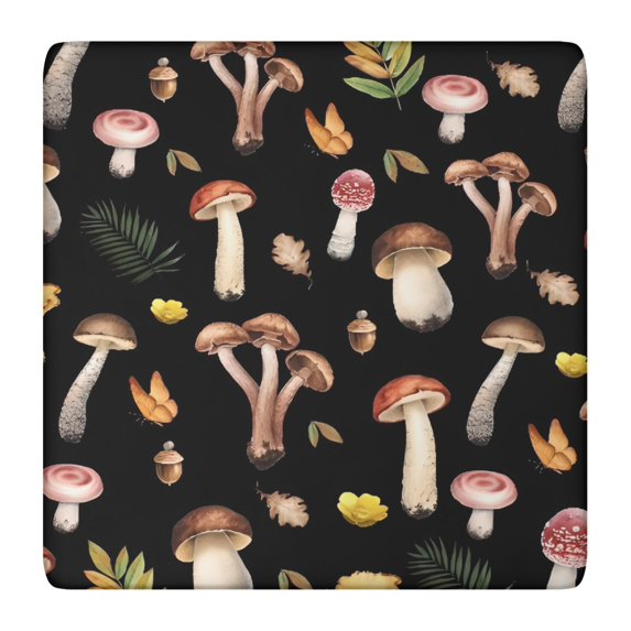 Brown Mushroom Leaf Black Pattern Square Fitted Tablecloth with Elastic Edge,Square Table Cover,Washable Elastic Table Cover for Home Kitchen Party Decor 36"x36"