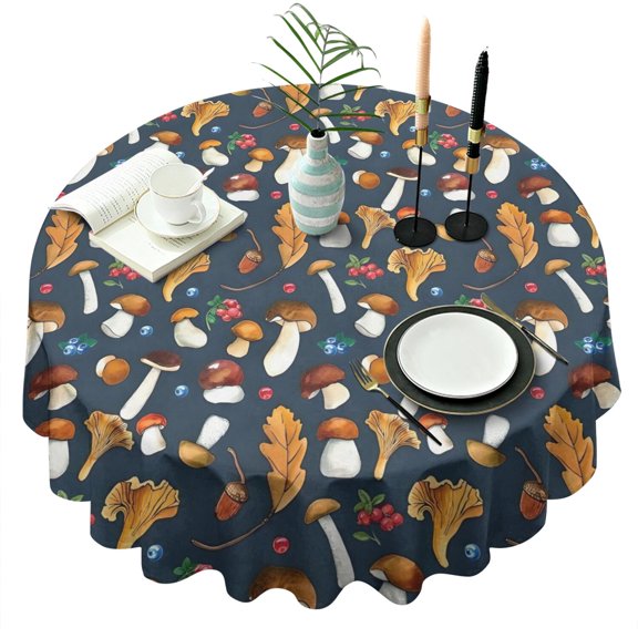 Brown Mushroom Leaf Dark Blue Pattern Round Tablecloth 60"x60",Wrinkle Wipeable Table Cloth for Kitchen Dining Room Picnic Patio Party