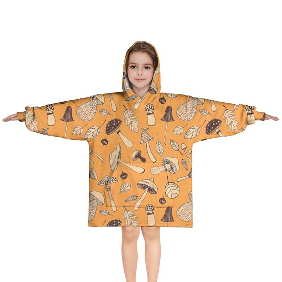 Brown Mushroom Leaf Orange Pattern Blanket Hoodies for Kids 6-13YR Oversize Wearable Blanket Hoodies for Boys Girls Teens