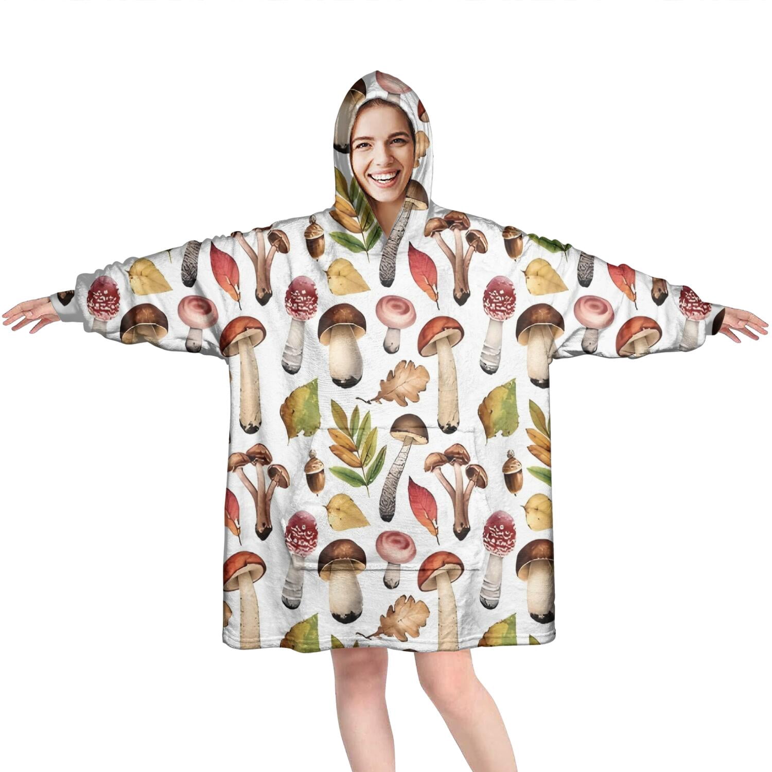 Brown Mushroom Leaf White Pattern Wearable Oversized Blanket,Wearable Blanket Hoodie for Adults,Cozy Hooded Blankets with Super Pockets,Super Warm Fuzzy Pullover for Women & Men