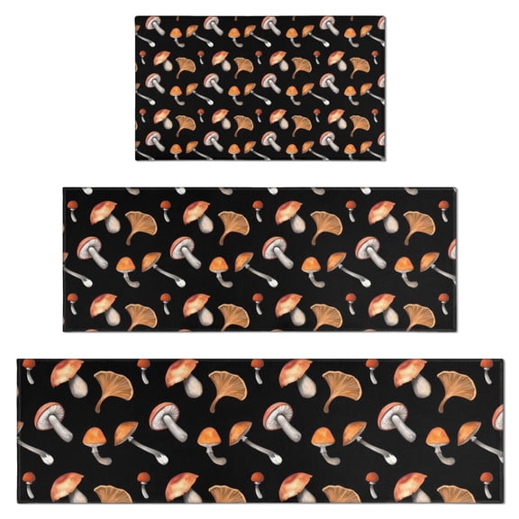 Brown Mushroom Pattern Black Pattern Kitchen Rugs Sets Of 3,Kitchen Runner Rugs Non Skid Washable,Decorative Kitchen Floor Mats for Kitchen,Sink,Laundry,17"x30"+ 17"x47" + 17"x59"