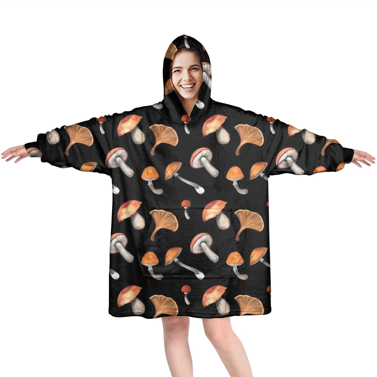Brown Mushroom Pattern Black Pattern Wearable Oversized Blanket,Wearable Blanket Hoodie for Adults,Cozy Hooded Blankets with Super Pockets,Super Warm Fuzzy Pullover for Women & Men