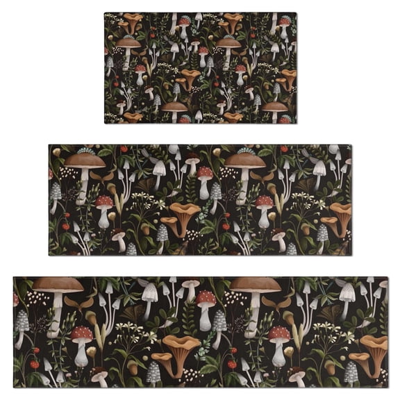 Brown Mushroom Plant Black Pattern Kitchen Rugs Sets Of 3,Kitchen Runner Rugs Non Skid Washable,Decorative Kitchen Floor Mats for Kitchen,Sink,Laundry,17"x30"+ 17"x47" + 17"x59"