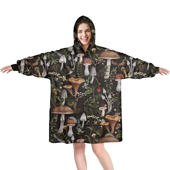 Brown Mushroom Plant Black Pattern Wearable Oversized Blanket,Wearable Blanket Hoodie for Adults,Cozy Hooded Blankets with Super Pockets,Super Warm Fuzzy Pullover for Women & Men