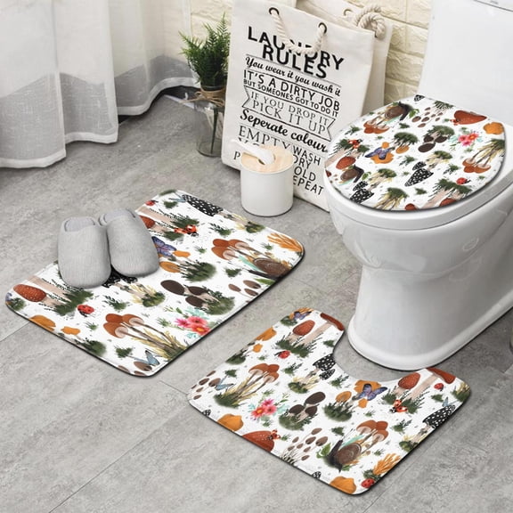 Brown Mushroom Plant White Pattern Bathroom Rugs Sets 3 Piece,Toilet Cover Set,Absorbent Non Slip Bathroom Mats Sets with U-Shaped Contour Rug Toilet Rug Set