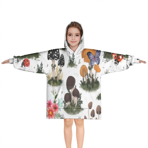 Brown Mushroom Plant White Pattern Blanket Hoodies for Kids 6-13YR Oversize Wearable Blanket Hoodies for Boys Girls Teens